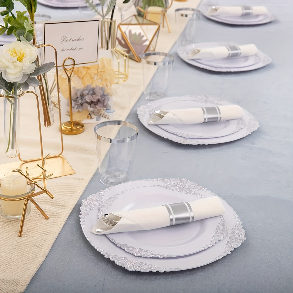350PCS Silver Plastic Plates&Pre Rolled Napkins for 50 Guests, Plastic Dinerware Set 100 Silver Disposable Plates, 150 Silver Silverware, 50Cups and 50Napkins for Wedding&Party