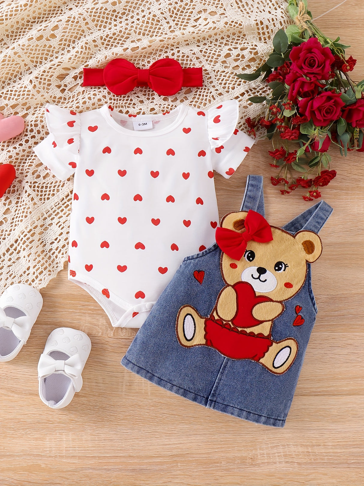 Baby Girl Outfit Summer Cute Strap Dress Set Headknot + Love Printed Climbing Clothes + Cowboy Bear Embroidered Strap Dress Three Piece Set With 0-18 Months, for Outdoor