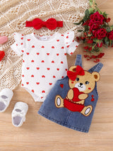Baby Girl Outfit Summer Cute Strap Dress Set Headknot + Love Printed Climbing Clothes + Cowboy Bear Embroidered Strap Dress Three Piece Set With 0-18 Months, for Outdoor