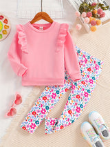 Girls 2pc, Flutter Trim Long Sleeve Pullover + Flora Pants Kids Clothes For Spring Fall