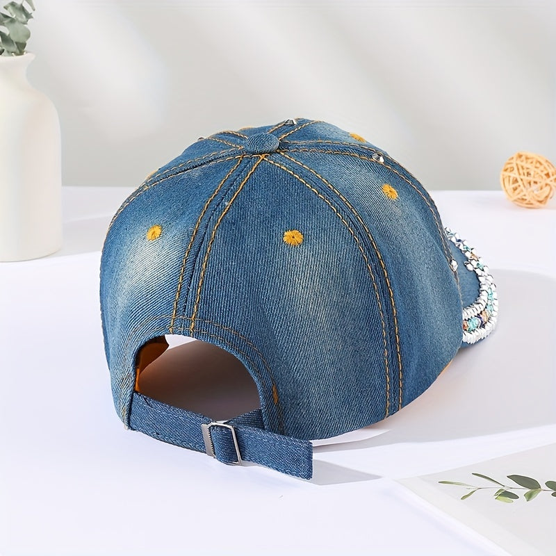 Fashion-Forward Rhinestone Dragonfly Denim Dad Hat - Blue Washed & Distressed - Sun-Protective Baseball Cap for Women