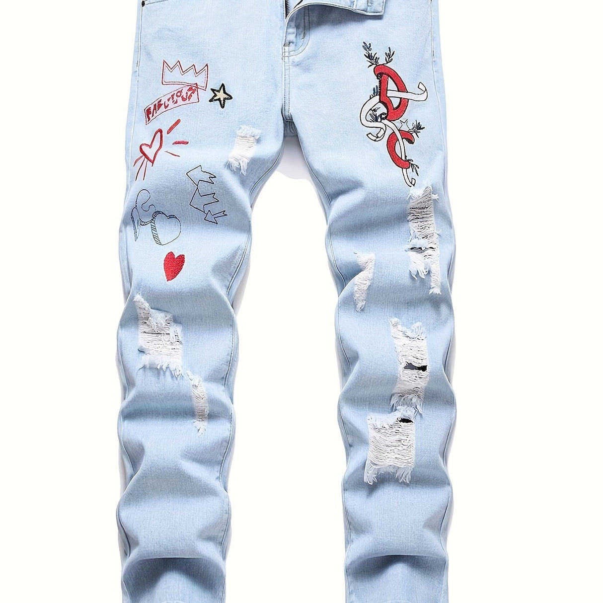 Men'S Slim Fit Letter & Heart Embroidered Ripped Jeans for men