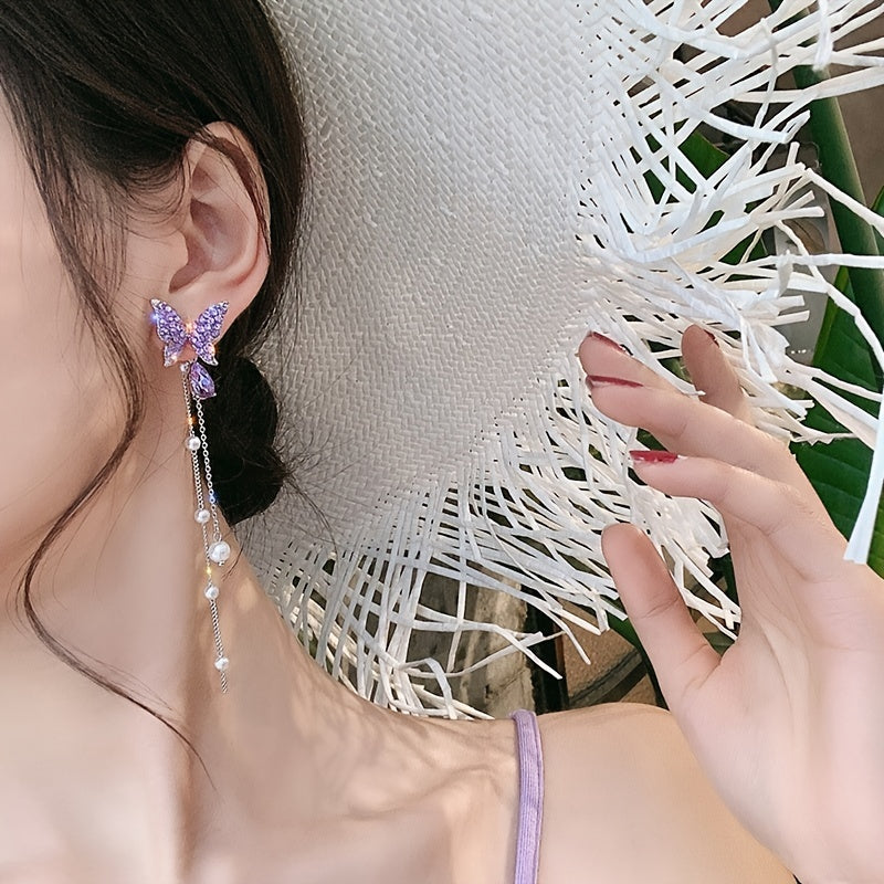Chic Purple Butterfly Pearl Tassel Earrings - Whimsical Animal Pattern, Japanese & Korean Style, Versatile for All Occasions