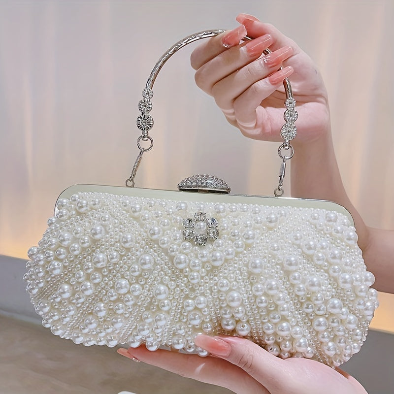 Luxurious Faux Pearl & Diamond Shell Pattern Clutch Bag - Buckle Closure, Metal Chain Strap, Polyester Lining, Solid Color, Party Perfect for Wedding, Evening Events - Elegant and Chic Handbag