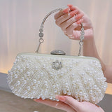 Luxurious Faux Pearl & Diamond Shell Pattern Clutch Bag - Buckle Closure, Metal Chain Strap, Polyester Lining, Solid Color, Party Perfect for Wedding, Evening Events - Elegant and Chic Handbag