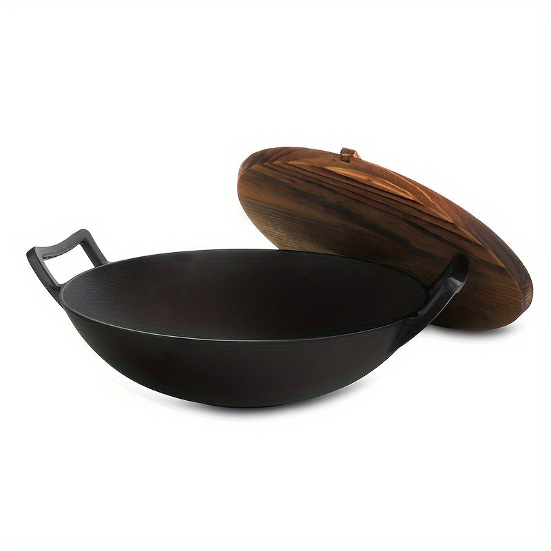 Large 14-Inch Cast Iron Wok with Wooden Lid - Perfect for Big Families and Social Gatherings, Durable, Heat-Resistant, and Non-Stick Cooking Surface