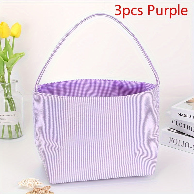 1pc Large Capacity Tote Bag, Easter Gift Bag, Easter Eggs Storage Bucket, Striped Seersucker Bunny Bag, Hunting Easter Eggs Handbag, Easter Party Decorations Gifts Bag, Party Tote Bags, Easter Gift Party Supplies