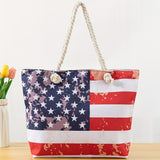 Large Patriotic USA Flag Woven Nylon Tote Bag - Spacious Beach Shoulder Bag with Wristlet for Women - Durable, Water-Resistant, and Stylish Accessory