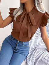 Bow Tie Flutter Sleeve Blouse, Elegant Sleeveless Solid Ruffle Trim Blouse, Women's Clothing Wedding holiday vacation