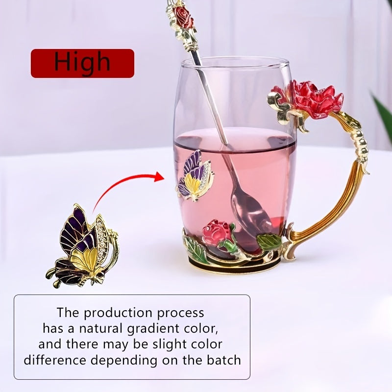 1pc Delicate Rose Enamel Butterfly Painted Clear Glass Tea Cup Coffee Mug Tumbler with Spoon Set - Lead-Free, Reusable, Hand Wash Only, Round Shape, Multipurpose, Perfect for Valentines Day Gift