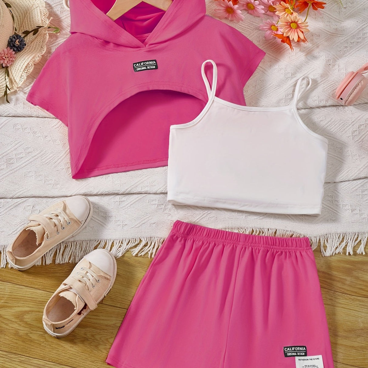 Girl's Stylish 3pcs, Hooded T-shirt & Camisole & Shorts Set, CALIFORNIA Patched Short Sleeve Top, Casual Outfits, Kids Clothes For Summer
