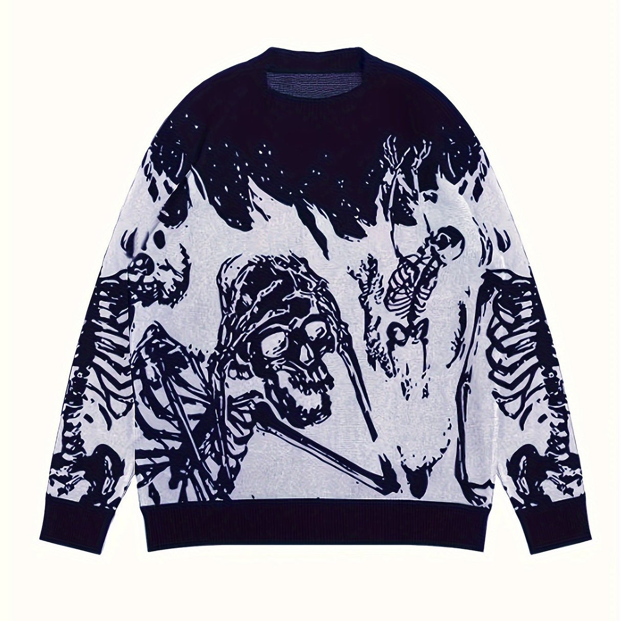Vintage Skull Print Crew Neck Knit Sweater for Men - Viscose Blend Loose Fit Long Sleeve Pullover - Fall/Winter Casual & Party Knitwear with Medium Stretch - Adult Men's Halloween Top