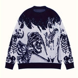 Vintage Skull Print Crew Neck Knit Sweater for Men - Viscose Blend Loose Fit Long Sleeve Pullover - Fall/Winter Casual & Party Knitwear with Medium Stretch - Adult Men's Halloween Top