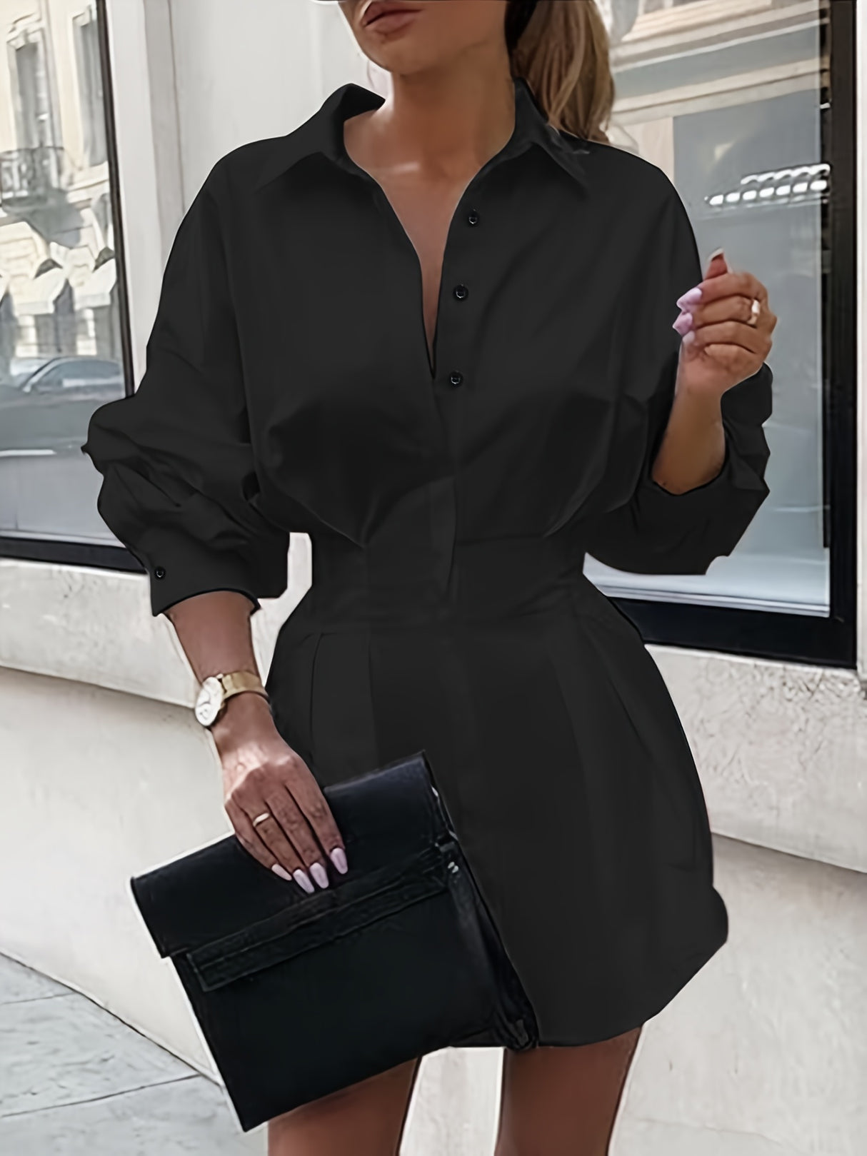 Chic Pleated Slim-Fit Blouse - Essential Long Sleeve Top for Women, Perfect for Spring & Fall