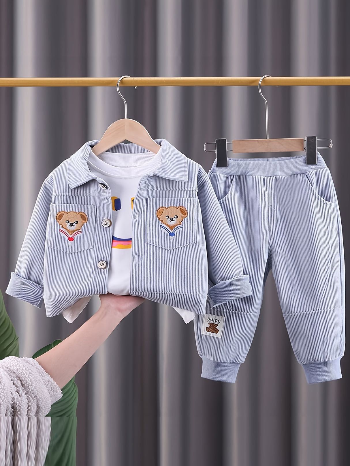 2pcs Toddler Boys Stylish Corduroy Outfit Set - Comfortable Casual Sportswear with Adorable Embroidered Bear Design, Complete Coat and Pants - Perfect for Spring and Autumn, Beige