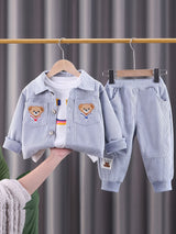 2pcs Toddler Boys Stylish Corduroy Outfit Set - Comfortable Casual Sportswear with Adorable Embroidered Bear Design, Complete Coat and Pants - Perfect for Spring and Autumn, Beige
