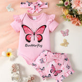 Baby Girl Butterfly Pattern Onesie, bow lace shorts, hair band three-piece set
