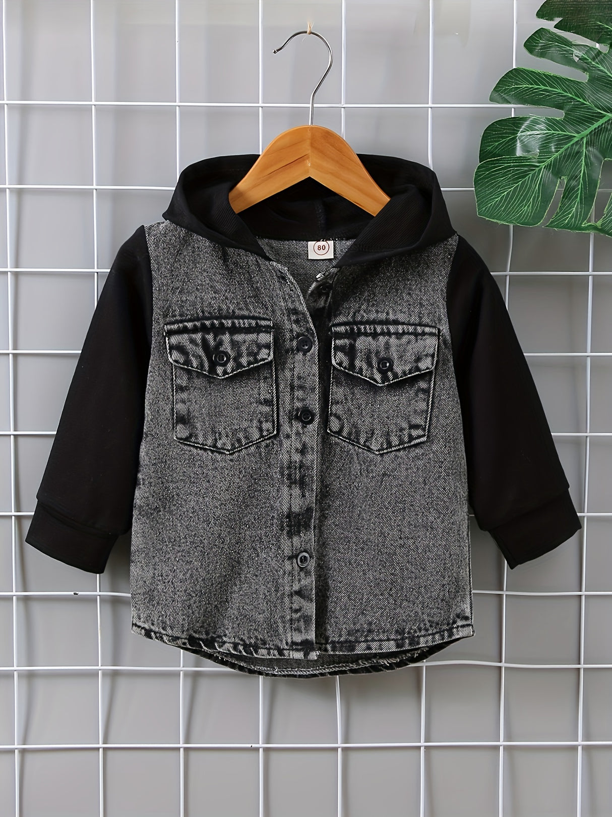 Toddler Boys Stylish Hooded Stitching Long-sleeved Single-breasted Denim Coat With Umbrella-shaped Hem Design, Kids Clothes Autumn And Winter