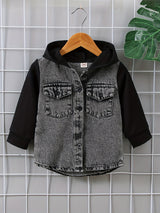 Toddler Boys Stylish Hooded Stitching Long-sleeved Single-breasted Denim Coat With Umbrella-shaped Hem Design, Kids Clothes Autumn And Winter