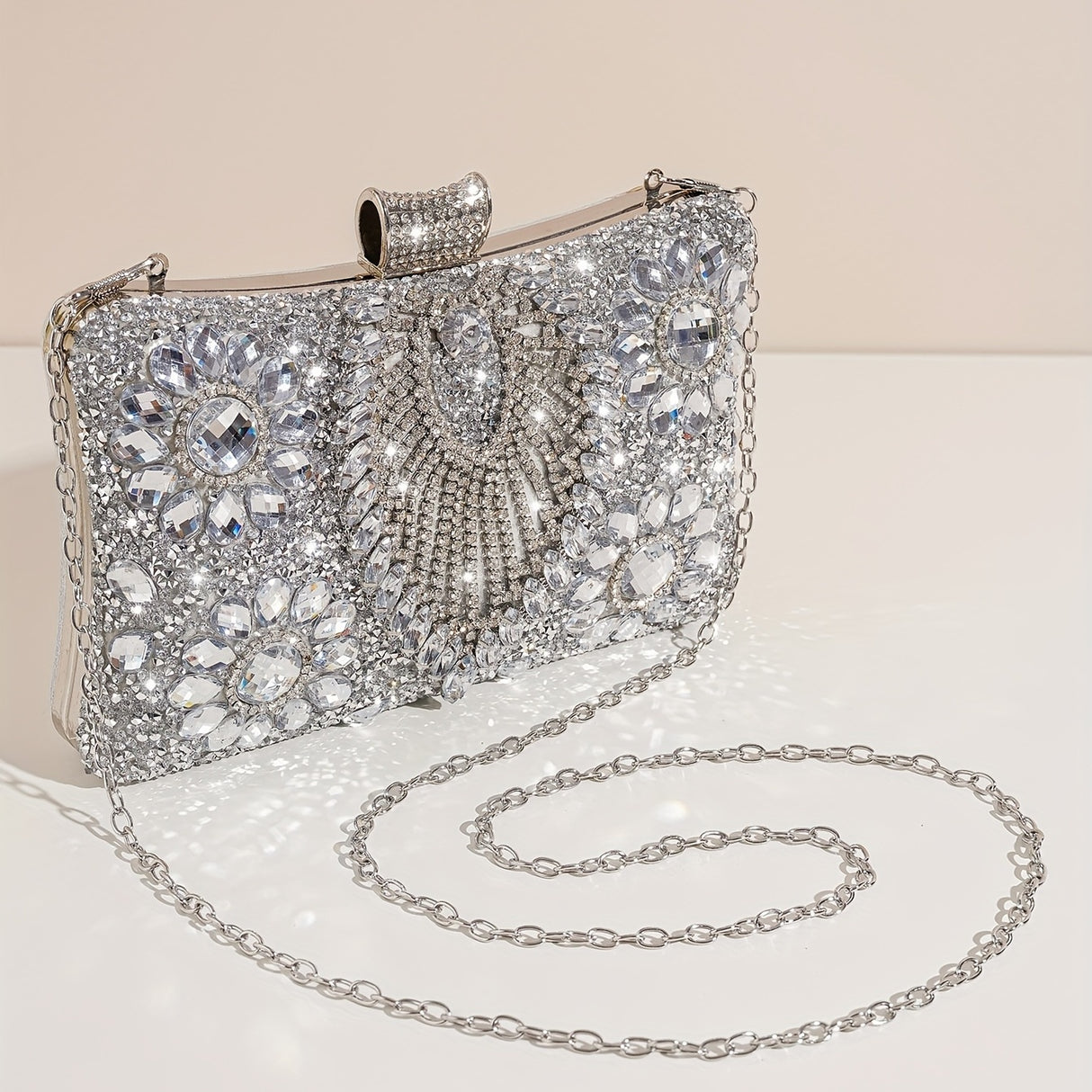 Elegant Silvery Rhinestone Clutch, Women'S Evening Party Handbag with Removable Strap, Crystal Beaded Bridal Wedding Purse, Buckle Closure, Polyester Lined