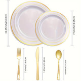 500 Pcs Golden Plastic Plates with Golden Silverware, White Golden Plastic Dinnerware Set for Party include: 100 Dinner Plates 10.25 inch, 100 Dessert Plates 7.5 inch, 100 Golden Silverware Sets