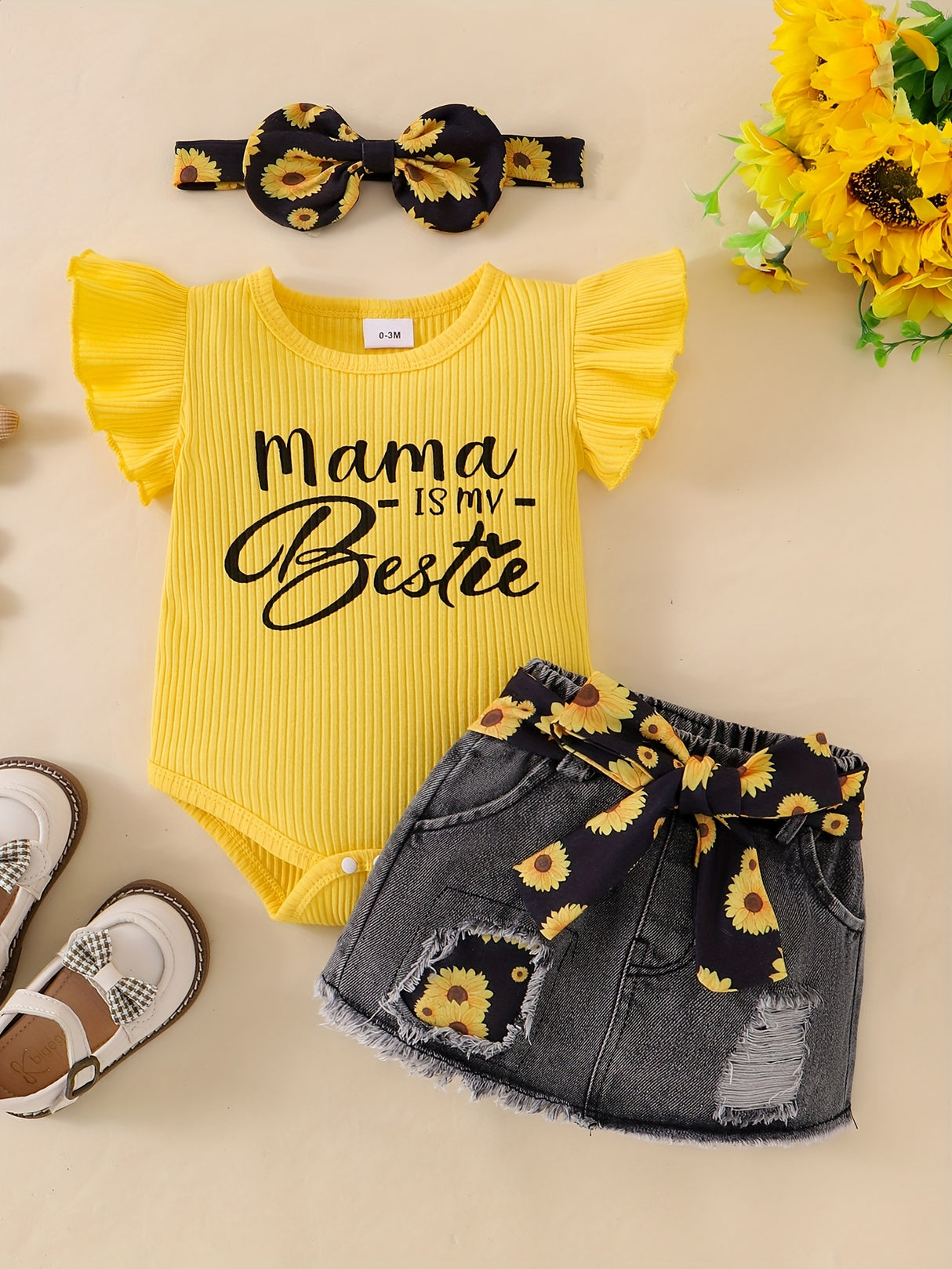 Baby Girl Clothes Newborn Jumpsuit Short Sleeved Denim Skirt with Front End and Baby Clothing Set, 0-18 Months, for Outdoor