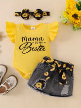 Baby Girl Clothes Newborn Jumpsuit Short Sleeved Denim Skirt with Front End and Baby Clothing Set, 0-18 Months, for Outdoor