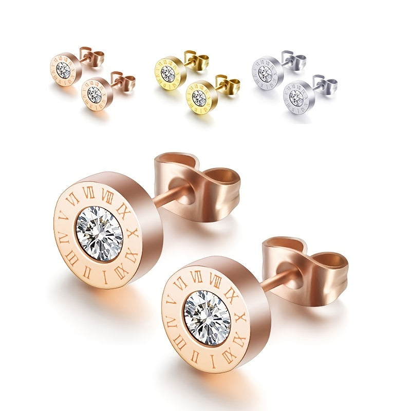 Chic Stainless Steel Roman Numeral Stud Earrings with Sparkling Zirconia - Rose Golden Plated, Perfect for Everyday & Party Wear