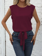 Chic Keyhole Back Tie Front Blouse - Effortless Casual Style with Classic Crew Neck Design - Perfect for Womens Spring and Summer Fashion
