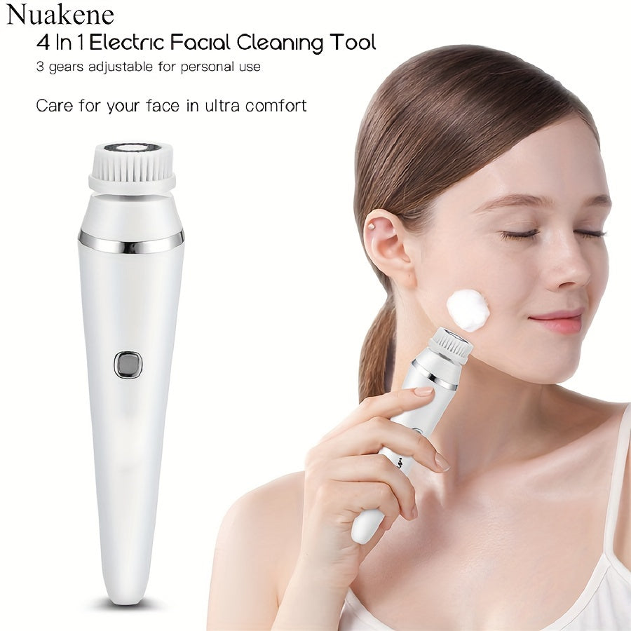 Nuakene 4-in-1 Rechargeable Electric Facial Cleansing Brush - Soft Bristle Brush, Silicone Facial Cleaner, Facial Massager, Rotating Base, Gentle Exfoliator, Deep Cleaning, Holiday Gift for Women