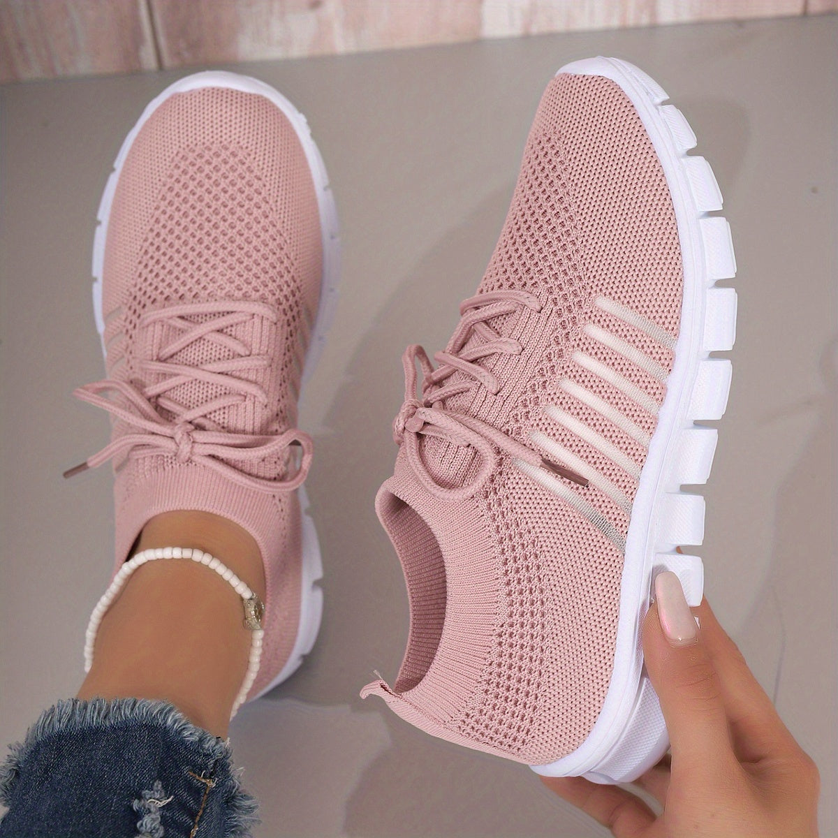 Womens All-Season Lace Up Knit Sneakers - Breathable Mesh Upper, Comfortable Fabric Insole, EVA Sole, Versatile Solid Color Running Shoes for Casual Wear