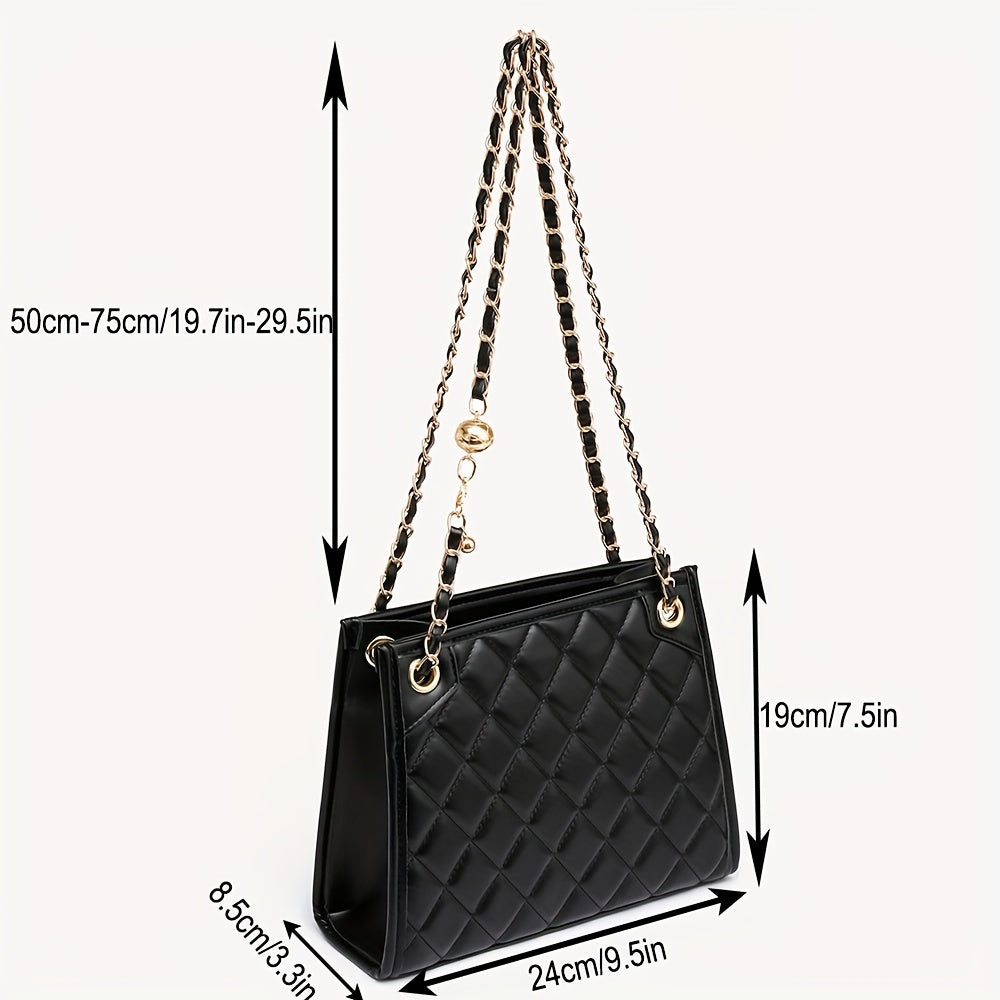 Luxury Quilted Faux Leather Tote Bag For Women With Adjustable Chain Strap, Classic Crossbody Handbag For Daily Outfits