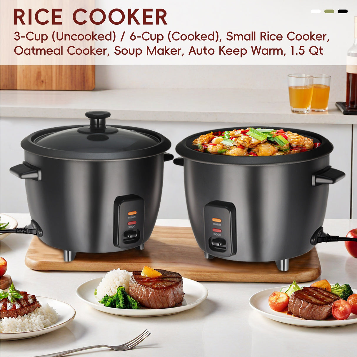 Rice Cooker with Removable Nonstick Pot, Yogurt Maker with Auto Keep Warm Function, Large Capacity 6-cup (cooked) 1.5 Qt, 3-cup (uncook), One Touch Operation Grain Cooker, Multicooker, Stainless Steel Inner Liner, Steamer, Oa