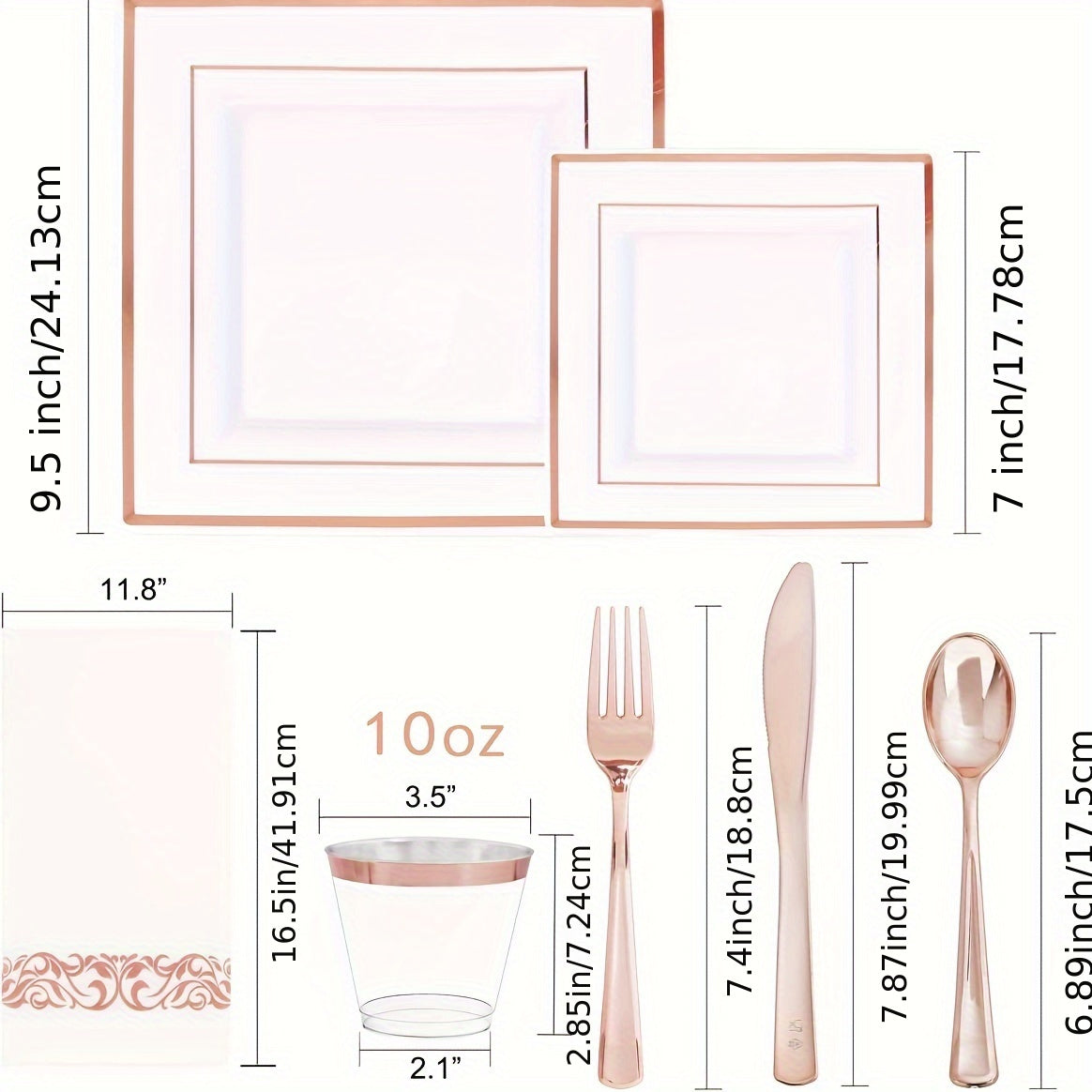 50Guest Rose Gold Plastic Plates with Disposable Plastic Silverware& Rose Gold Cups&Rose Gold Plastic Bowls&Hand Napkins-Plastic Dinnerware for Wedding&Parties