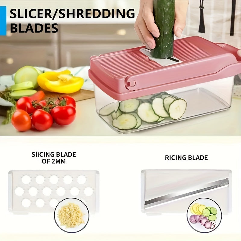 KEMORELA 16 in 1 Vegetable Chopper - Multifunctional Manual Food Slicer - Stainless Steel Blades, Plastic Mandoline Cutter with Interchangeable Grater Inserts - Fruit & Onion Mincer - Kitchen Gadget Essentials with Storage Co