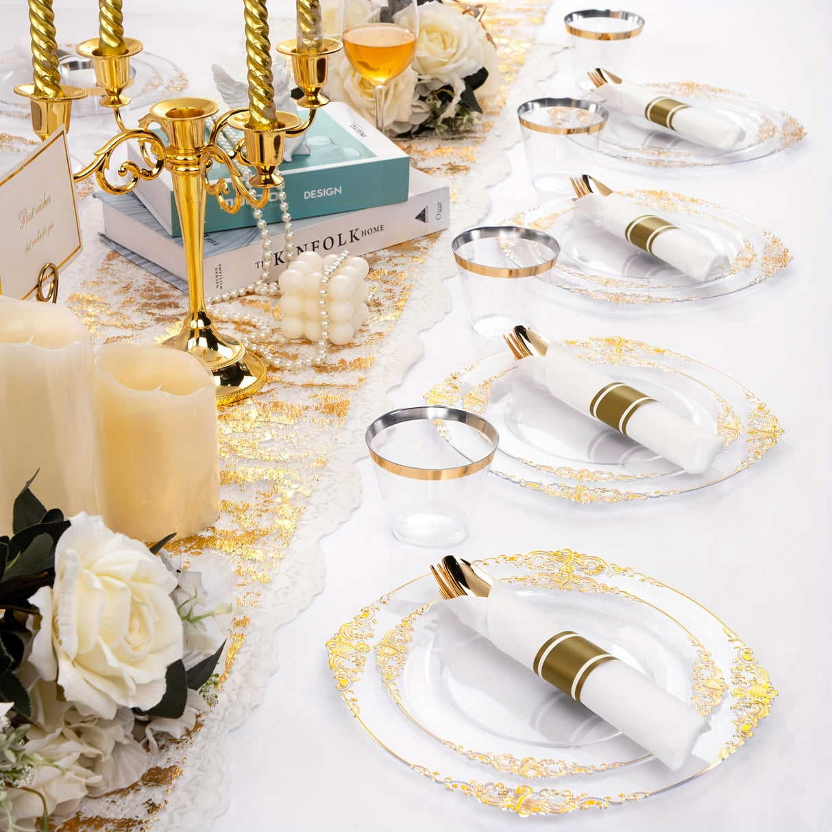 175PCS Clear and Gold Plastic Plates - Gold Disposable Plates Pre Rolled Napkins with Plastic Cutlery for 25 Guests, 50Plates, 75 Gold Plastic Silverware, 25Cups, 25Napkins for Wedding&Party