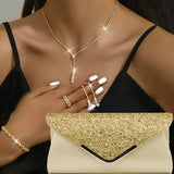 Elegant Bridal Jewelry Set - European & American Style, Simple Design Necklace, Earrings, Ring & Bracelet with Evening Clutch Bag - Perfect for Wedding/Formal Events Gifts For Eid