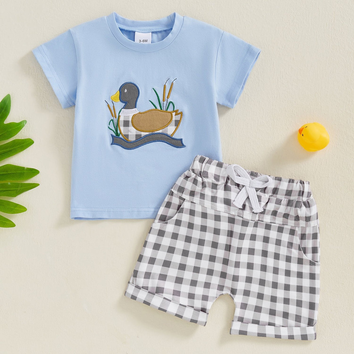 Toddler Baby Boys Clothes Sets Animal Embroidery Short Sleeve T-Shirt Plaid Elastic Waist Shorts