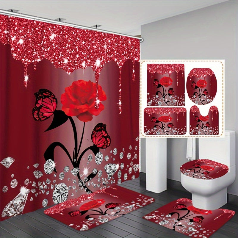 1/3/4pcs Diamond Butterfly Rose Pattern Shower Curtain Set - Waterproof, Non-Slip, Decorative Bathroom Essentials with Bath Mat, Toilet Cover Pad, U-Shaped Mat, and Hooks - Complete Home Bathroom Decor Solution