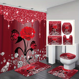 1/3/4pcs Diamond Butterfly Rose Pattern Shower Curtain Set - Waterproof, Non-Slip, Decorative Bathroom Essentials with Bath Mat, Toilet Cover Pad, U-Shaped Mat, and Hooks - Complete Home Bathroom Decor Solution