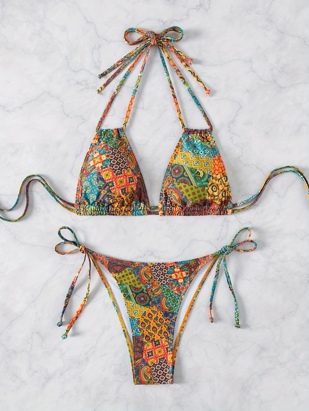 2 Piece Set Triangle Halter Tie Strap Bikini Swimsuit With Shoulder Strap Allover Printed Retro Bohemian Style Swimsuit For Women