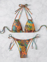 2 Piece Set Triangle Halter Tie Strap Bikini Swimsuit With Shoulder Strap Allover Printed Retro Bohemian Style Swimsuit For Women