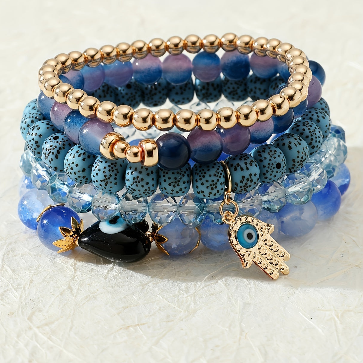 5pcs/Set Bohemian Evil Eye Fatima Hand Glass Beads Strands Bracelets Set For Women