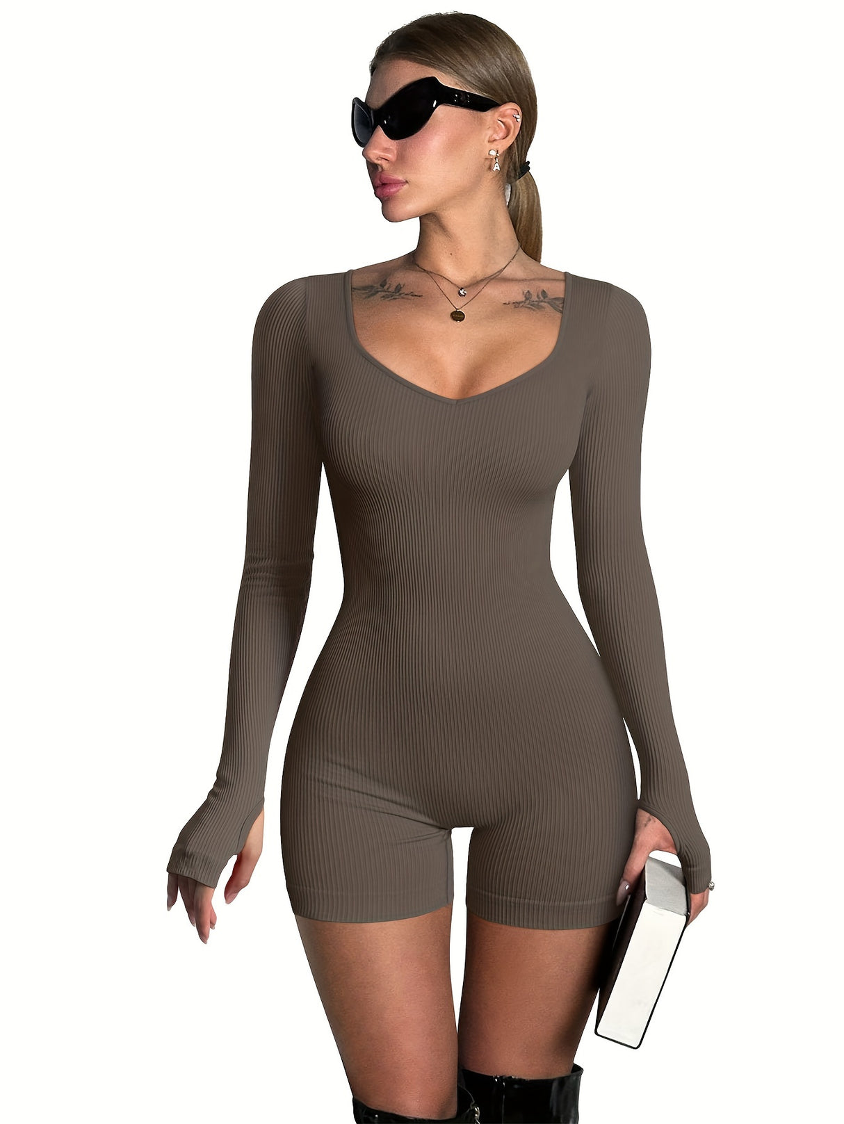 OQQ Women Yoga Rompers Ribbed Workout Long Sleeve Sweetheart V Neck Sport Jumpsuits Rompers