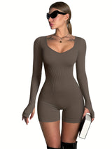 OQQ Women Yoga Rompers Ribbed Workout Long Sleeve Sweetheart V Neck Sport Jumpsuits Rompers