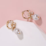 [Vintage Pearl Earrings] 14K Golden Freshwater Pearl Earrings | Vintage Floral, Rhinestone Accents, Stainless Steel Ear Needle, Cute Daily & Vacation Wear, All-Season Accessory
