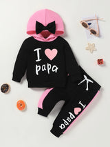 2-piece Baby Girl"I Love Daddy" Embossed Long Sleeve Bow Embellished Hoodie & Fashionable Casual Stretch Stretch Rope Color Jogger Band Trousers Autumn/winter Suit