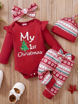 Baby Girl Christmas Set, Flying Long Sleeve Cute Cartoon Pattern & Letter Print Casual Triangle Romper + Pattern Print Pants + Headband Three-piece Set Plus Hat, Outdoor Cloth
