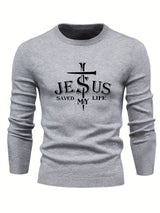 Jesus Saved My Life Print All Match Knitted Sweater, Men's Casual Warm Mid Stretch Crew Neck Pullover Sweater For Men Fall Winter