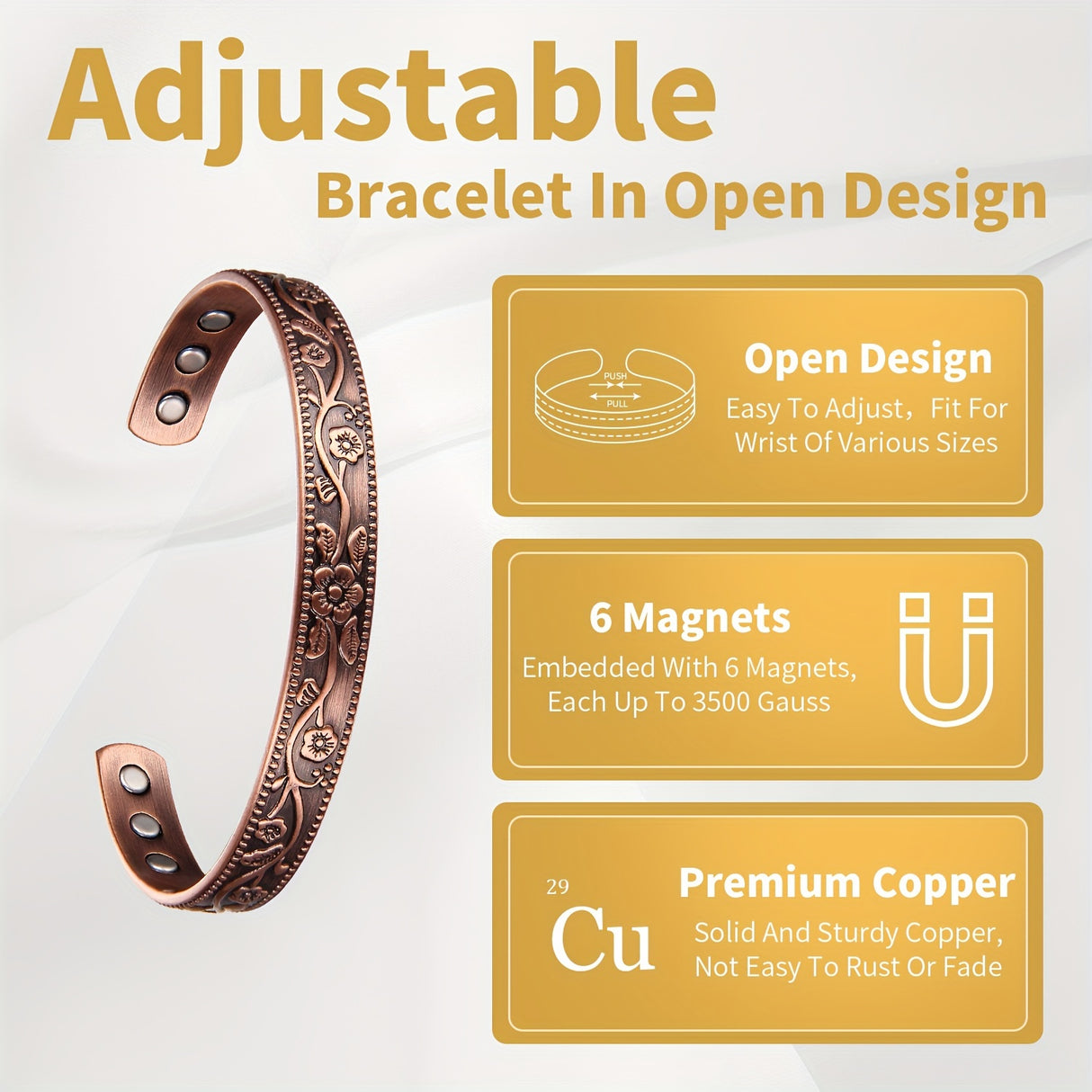 2pcs Copper Bracelets For Women And Men, Copper Magnetic Bracelet With 6pcs Ultra Strength Magnets, Adjustable Copper Cuff Bangle